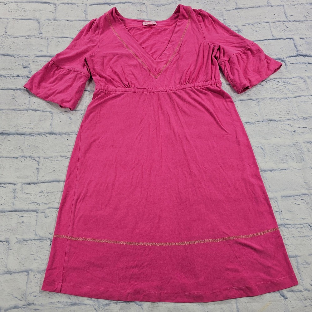 Lilly Pulitzer Dress Women XS Pink V-Neck Bell Sleeve Empire Waist Gold Trim